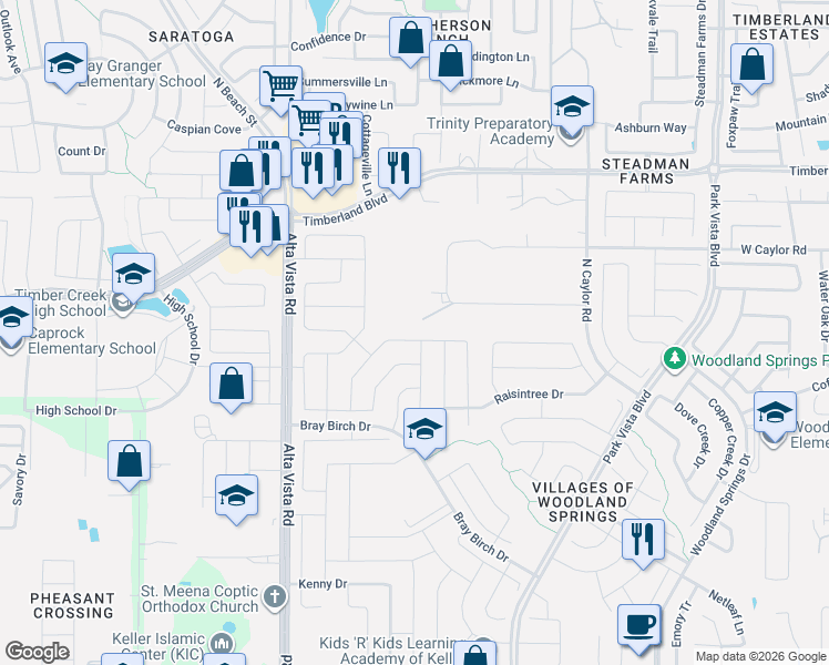 map of restaurants, bars, coffee shops, grocery stores, and more near 4933 Carrotwood Drive in Fort Worth