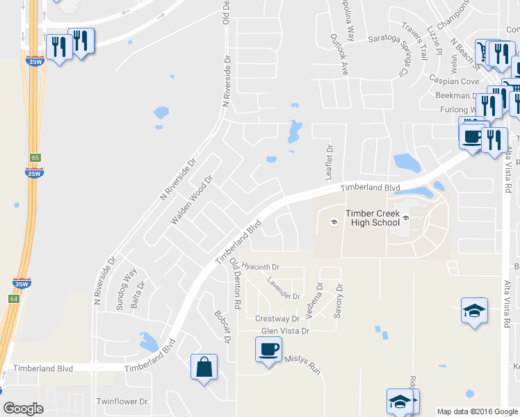 map of restaurants, bars, coffee shops, grocery stores, and more near 12136 Tacoma Ridge Drive in Fort Worth