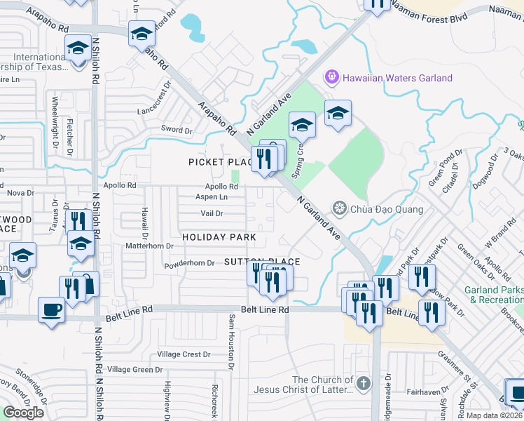 map of restaurants, bars, coffee shops, grocery stores, and more near 1802 Apollo Road in Garland
