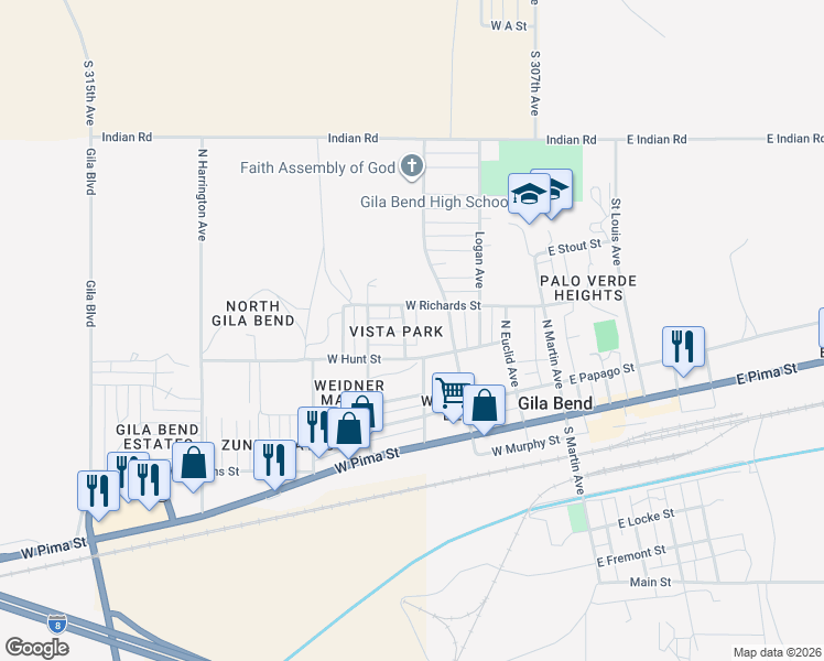 map of restaurants, bars, coffee shops, grocery stores, and more near 305 West Richards Street in Gila Bend