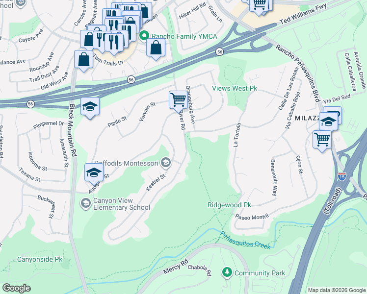 map of restaurants, bars, coffee shops, grocery stores, and more near 12768 Salmon River Road in San Diego