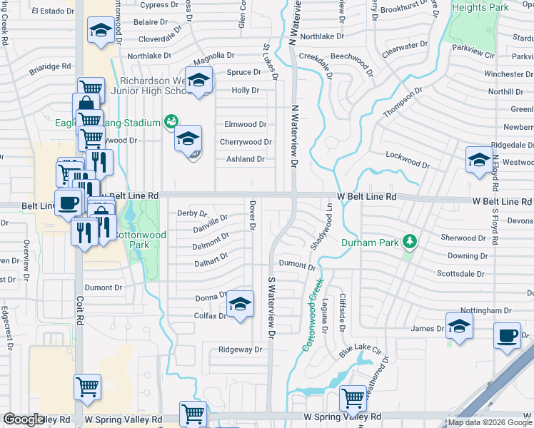 map of restaurants, bars, coffee shops, grocery stores, and more near 200 Murray Lane in Richardson