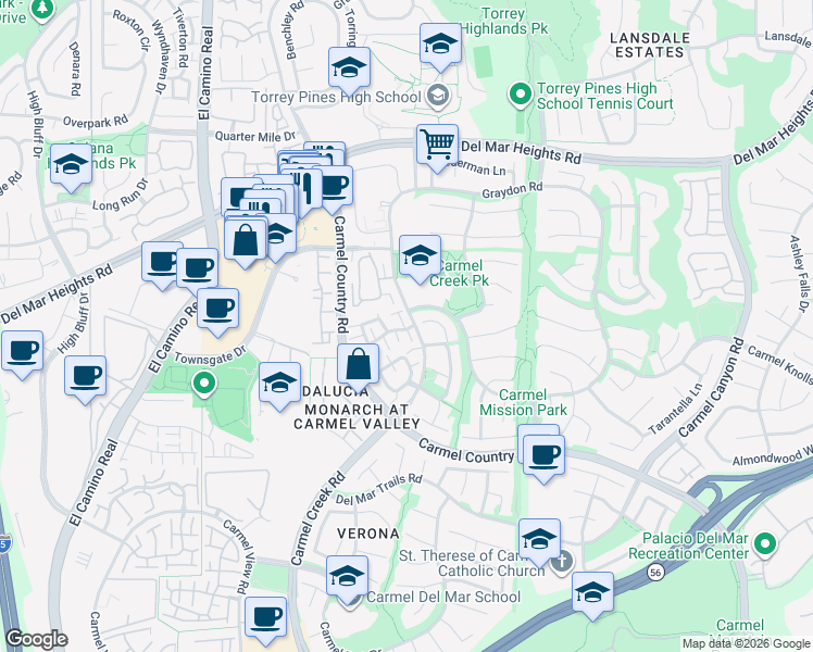 map of restaurants, bars, coffee shops, grocery stores, and more near 4170 Via Candidiz in San Diego
