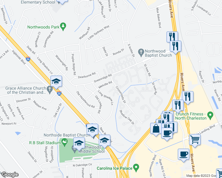 map of restaurants, bars, coffee shops, grocery stores, and more near 2428 Woodstock Avenue in North Charleston
