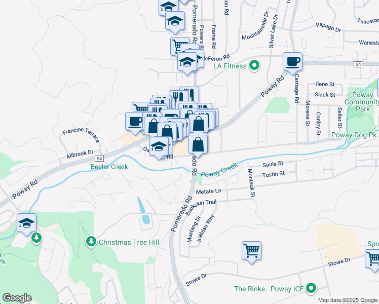 map of restaurants, bars, coffee shops, grocery stores, and more near 12906 Pomerado Road in Poway