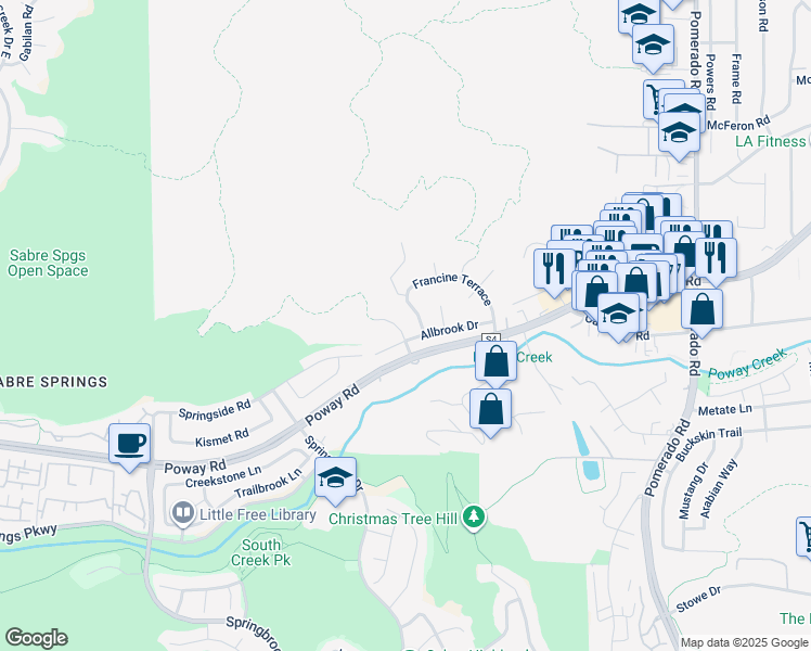 map of restaurants, bars, coffee shops, grocery stores, and more near 12809 Iola Way in Poway