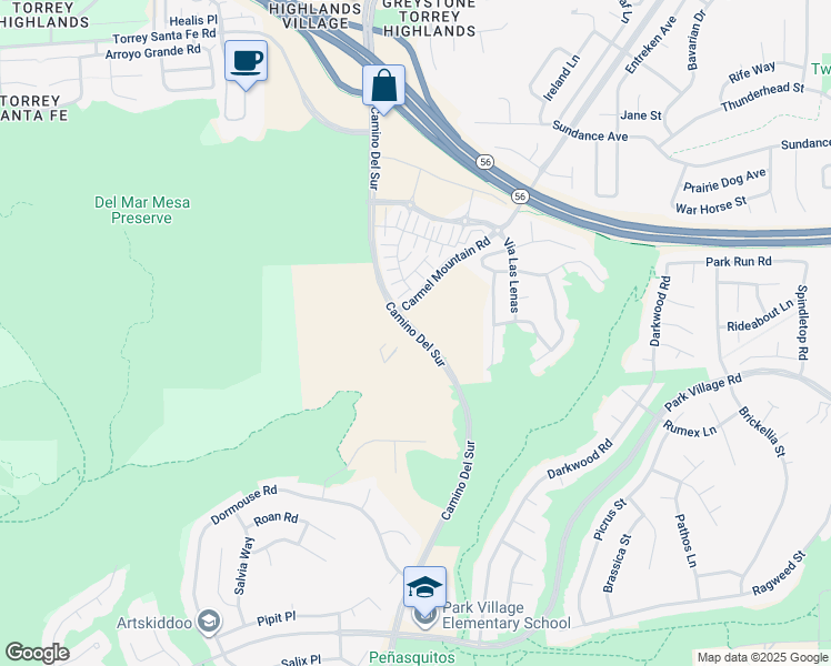 map of restaurants, bars, coffee shops, grocery stores, and more near 12520 Camino Del Sur in San Diego