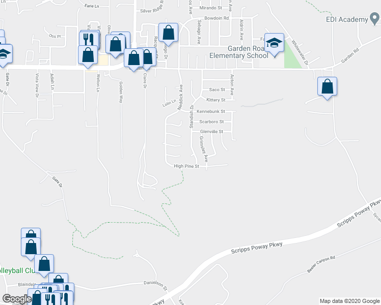 map of restaurants, bars, coffee shops, grocery stores, and more near 14426 Elmport Lane in Poway