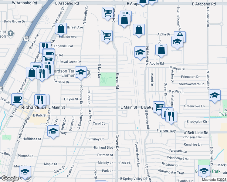map of restaurants, bars, coffee shops, grocery stores, and more near 536 La Salle Drive in Richardson