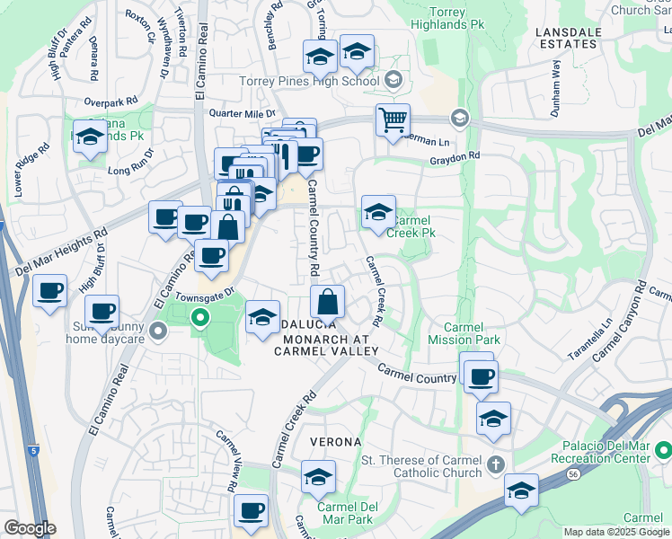 map of restaurants, bars, coffee shops, grocery stores, and more near 4124 Via Candidiz in San Diego