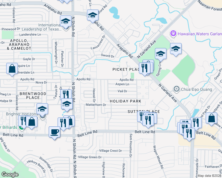 map of restaurants, bars, coffee shops, grocery stores, and more near 2118 Aspen Lane in Garland