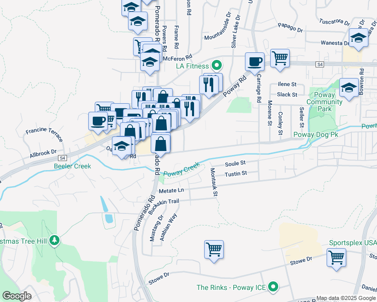 map of restaurants, bars, coffee shops, grocery stores, and more near 12510 Oak Knoll Road in Poway