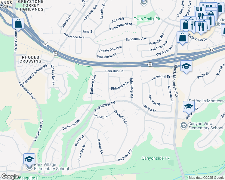 map of restaurants, bars, coffee shops, grocery stores, and more near 12603 Brickellia Street in San Diego