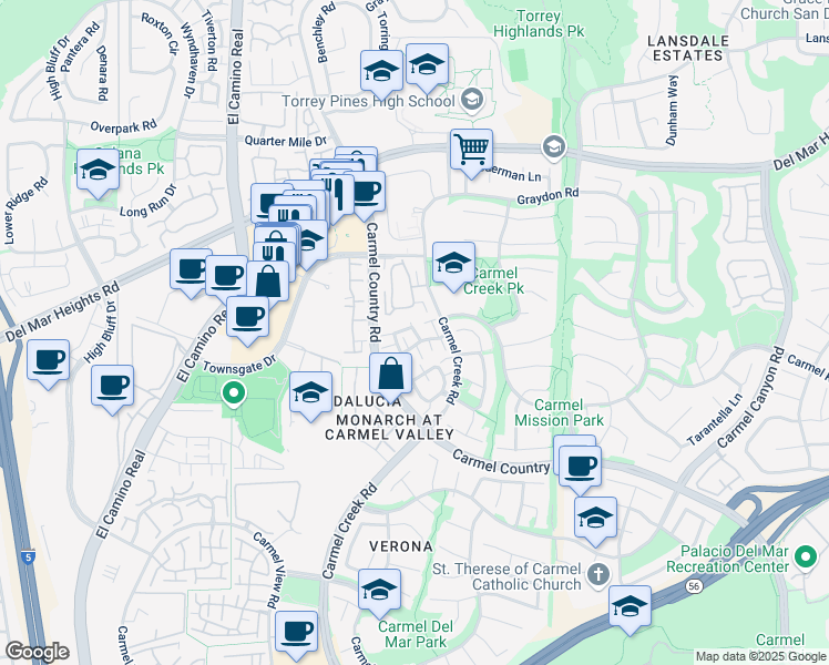 map of restaurants, bars, coffee shops, grocery stores, and more near 4128 Via Candidiz in San Diego