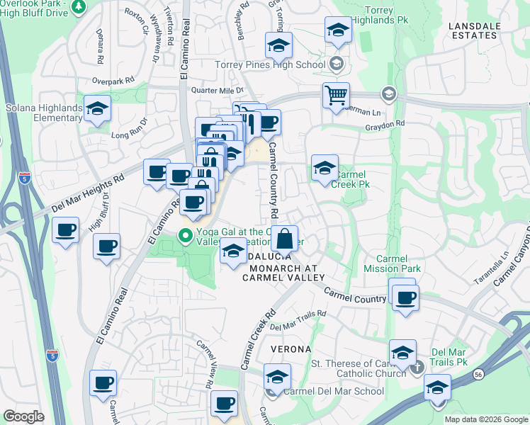 map of restaurants, bars, coffee shops, grocery stores, and more near 12602 Carmel Country Road in San Diego