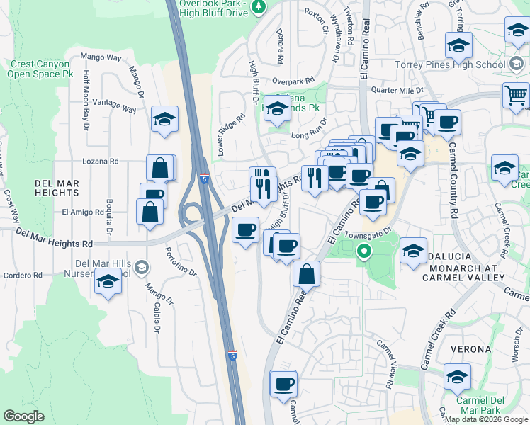 map of restaurants, bars, coffee shops, grocery stores, and more near 12760 High Bluff Drive in San Diego