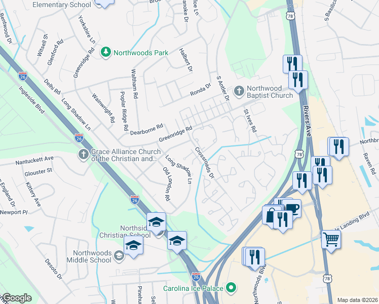 map of restaurants, bars, coffee shops, grocery stores, and more near 2420 Woodstock Avenue in North Charleston