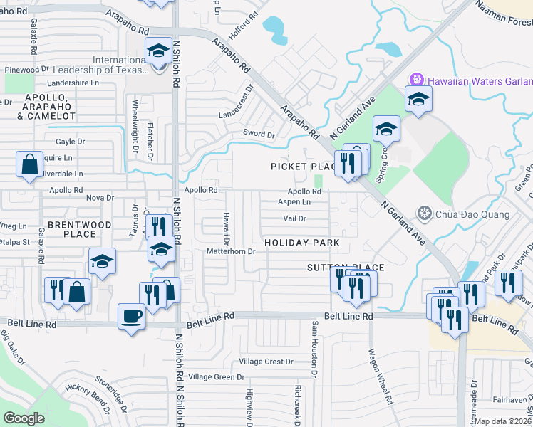 map of restaurants, bars, coffee shops, grocery stores, and more near 2118 Aspen Lane in Garland