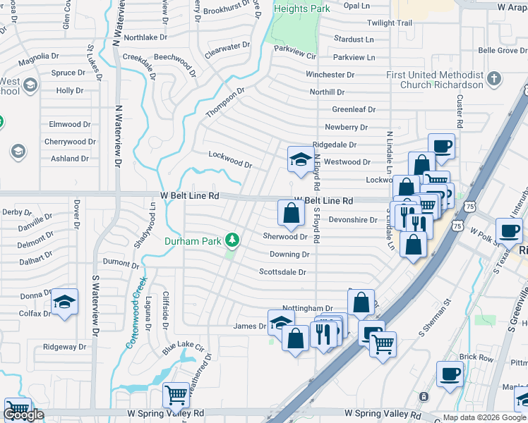 map of restaurants, bars, coffee shops, grocery stores, and more near 725 West Belt Line Road in Richardson