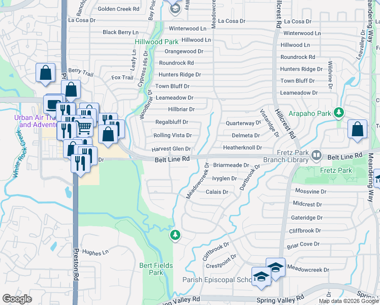 map of restaurants, bars, coffee shops, grocery stores, and more near 6728 Harvest Glen Drive in Dallas
