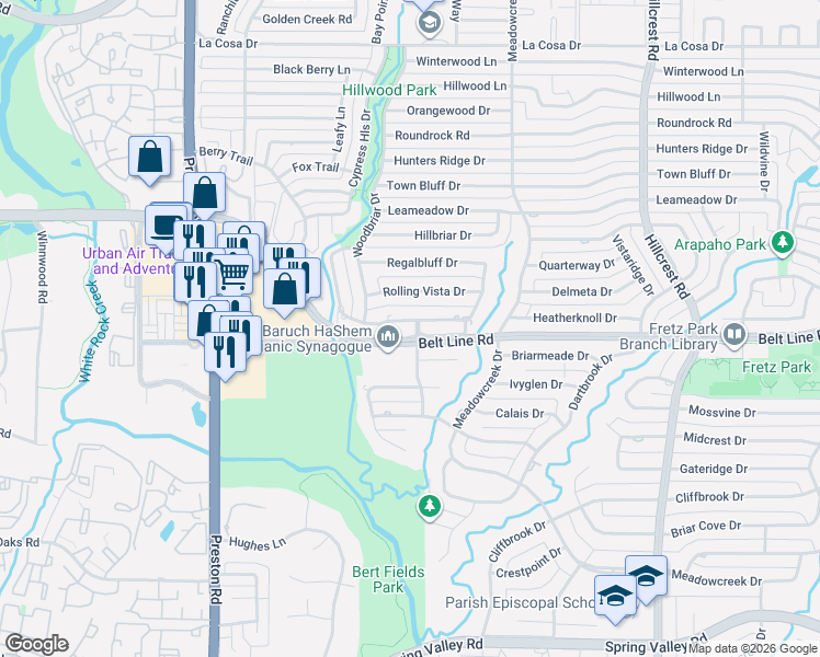 map of restaurants, bars, coffee shops, grocery stores, and more near 6618 Harvest Glen Drive in Dallas