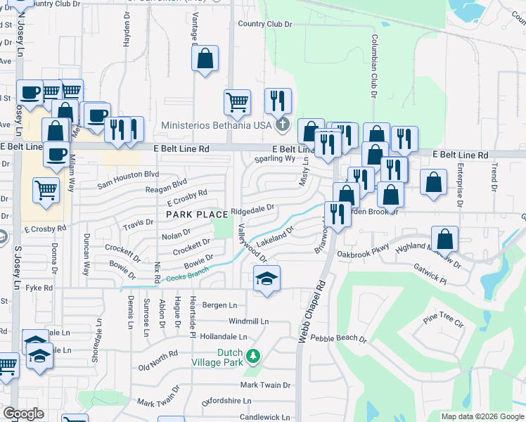map of restaurants, bars, coffee shops, grocery stores, and more near 2303 Ridgedale Drive in Carrollton