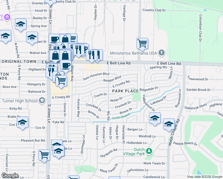 map of restaurants, bars, coffee shops, grocery stores, and more near 2140 East Crosby Road in Carrollton