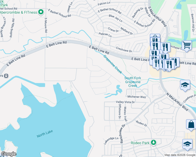 map of restaurants, bars, coffee shops, grocery stores, and more near 1352 Wood Duck Drive in Irving