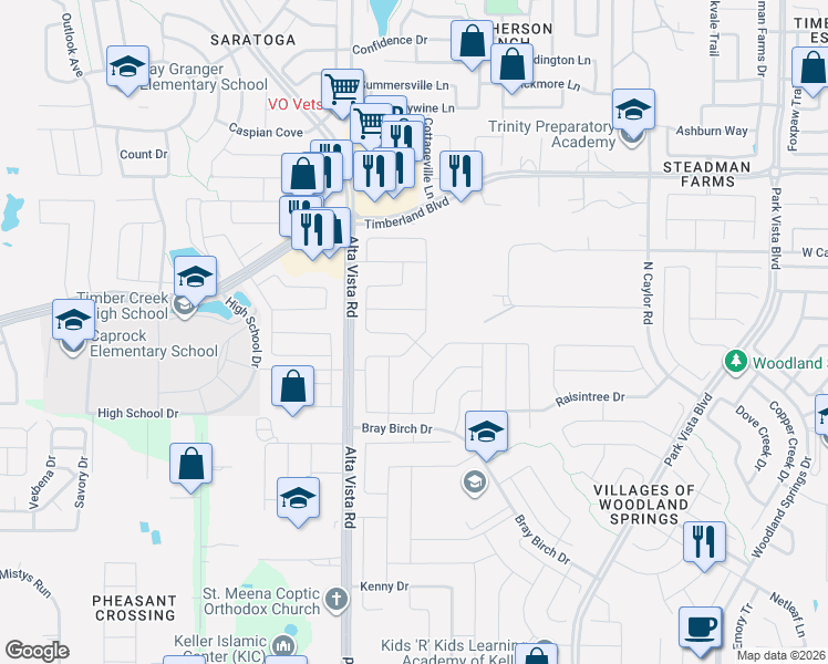 map of restaurants, bars, coffee shops, grocery stores, and more near 12120 Macaroon Lane in Fort Worth