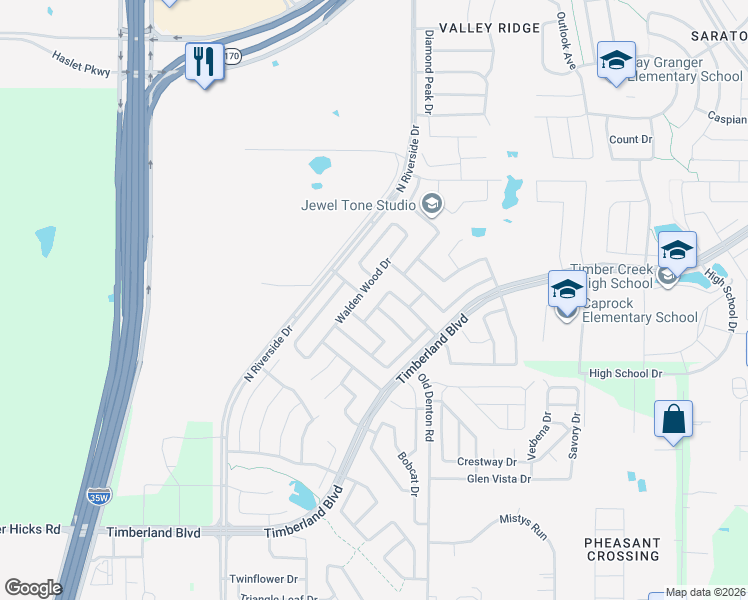 map of restaurants, bars, coffee shops, grocery stores, and more near 12160 Walden Wood Drive in Fort Worth
