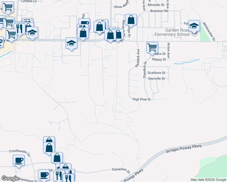 map of restaurants, bars, coffee shops, grocery stores, and more near 12759 Claire Drive in Poway