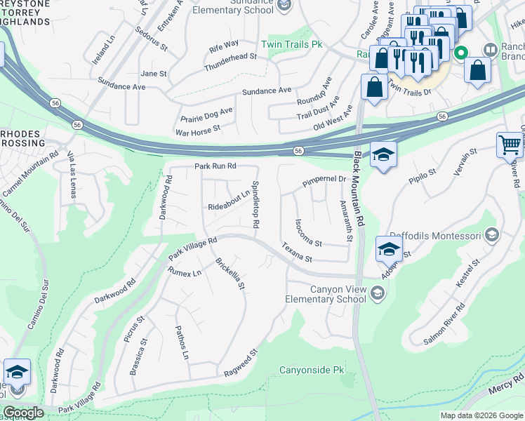 map of restaurants, bars, coffee shops, grocery stores, and more near 12590 Spindletop Road in San Diego