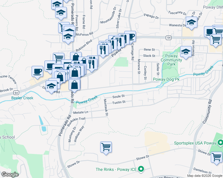 map of restaurants, bars, coffee shops, grocery stores, and more near 12643 Oak Knoll Road in Poway