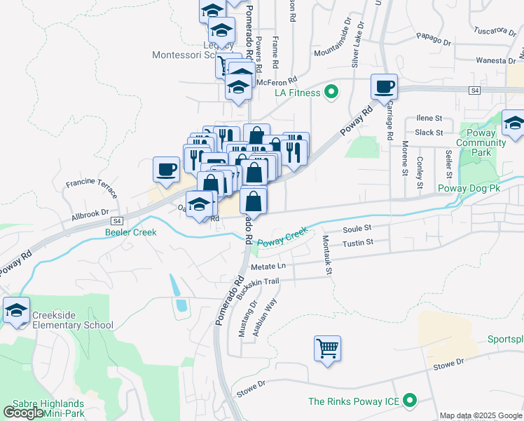 map of restaurants, bars, coffee shops, grocery stores, and more near 12430 Oak Knoll Road in Poway