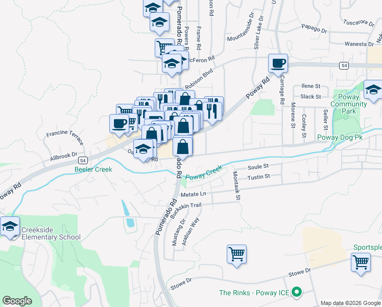 map of restaurants, bars, coffee shops, grocery stores, and more near 12430 Oak Knoll Road in Poway