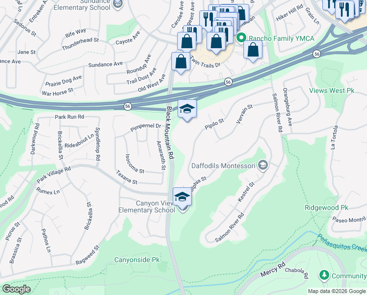 map of restaurants, bars, coffee shops, grocery stores, and more near 9288 Pipilo Street in San Diego