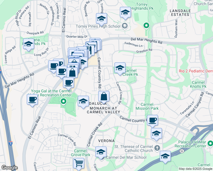 map of restaurants, bars, coffee shops, grocery stores, and more near 4128 Via Candidiz in San Diego