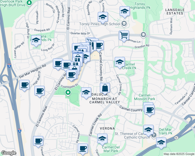 map of restaurants, bars, coffee shops, grocery stores, and more near 12604 Carmel Country Road in San Diego