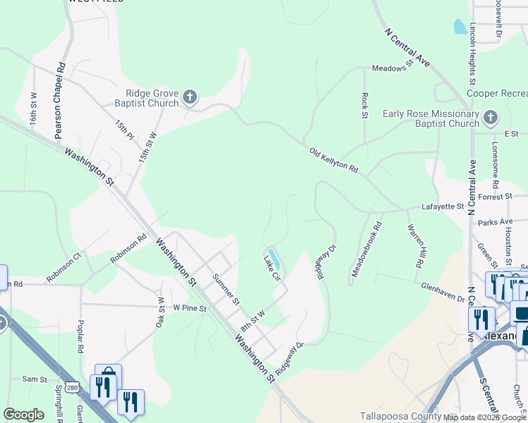 map of restaurants, bars, coffee shops, grocery stores, and more near 549 Sleepy Hollow Dr in Alexander City