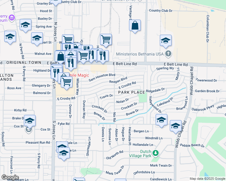 map of restaurants, bars, coffee shops, grocery stores, and more near 2140 E Crosby Rd in Carrollton