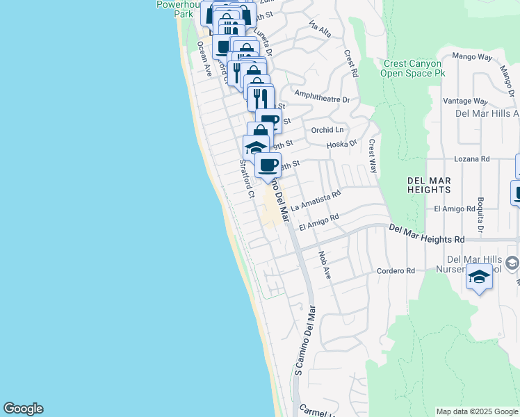 map of restaurants, bars, coffee shops, grocery stores, and more near 615 Stratford Court in Del Mar