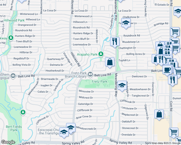 map of restaurants, bars, coffee shops, grocery stores, and more near 7126 Fernmeadow Circle in Dallas