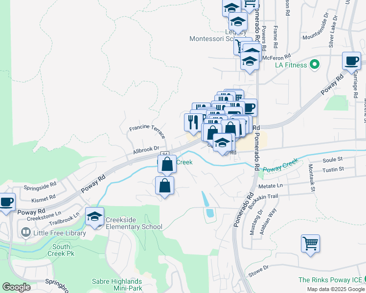 map of restaurants, bars, coffee shops, grocery stores, and more near 12100 Poway Road in Poway