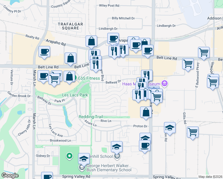 map of restaurants, bars, coffee shops, grocery stores, and more near 4014 Morman Lane in Addison