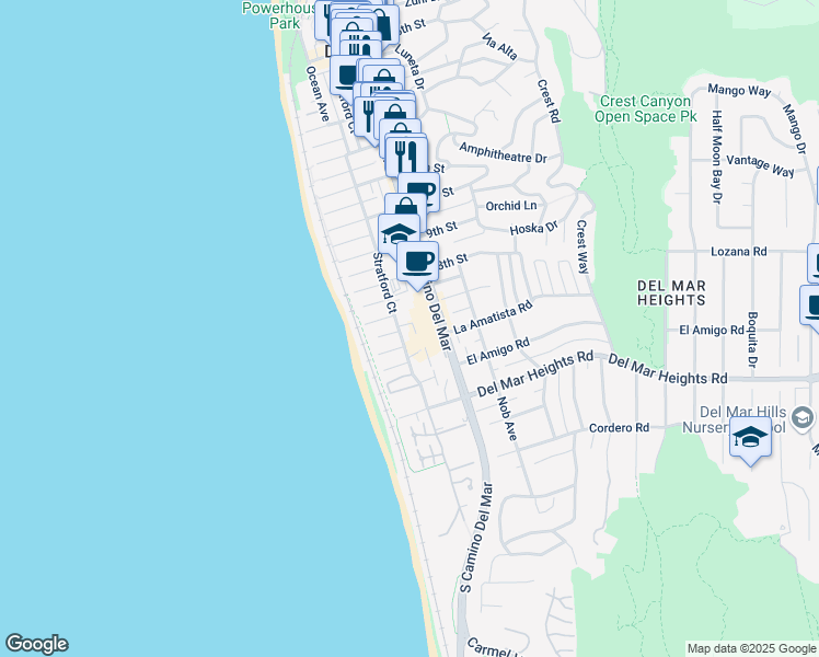 map of restaurants, bars, coffee shops, grocery stores, and more near 624 Camino Del Mar in Del Mar