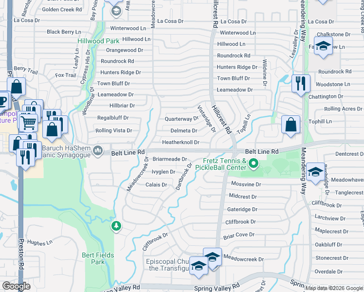 map of restaurants, bars, coffee shops, grocery stores, and more near 6916 Heatherknoll Drive in Dallas