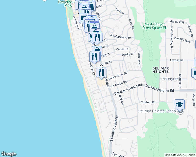 map of restaurants, bars, coffee shops, grocery stores, and more near 615-21 Stratford Court in Del Mar