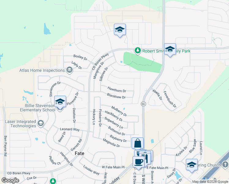 map of restaurants, bars, coffee shops, grocery stores, and more near 315 Hawthorn Drive in Rockwall