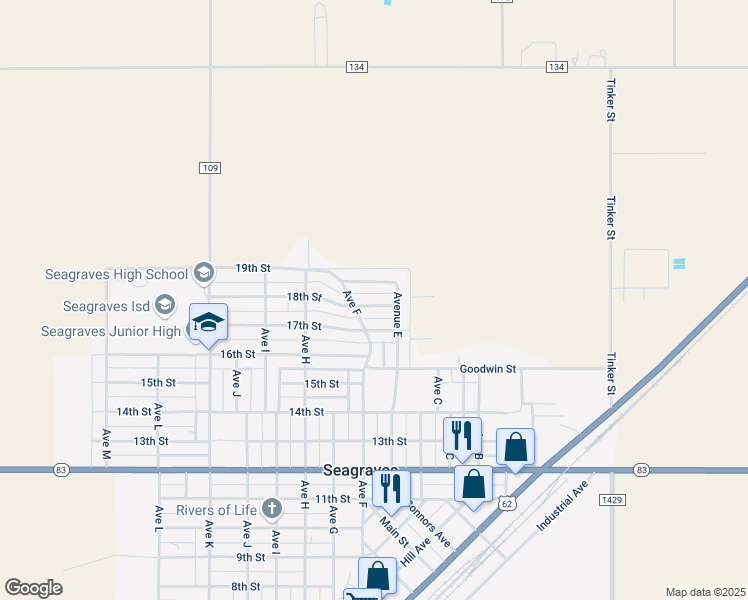 map of restaurants, bars, coffee shops, grocery stores, and more near 508 18th Street in Seagraves