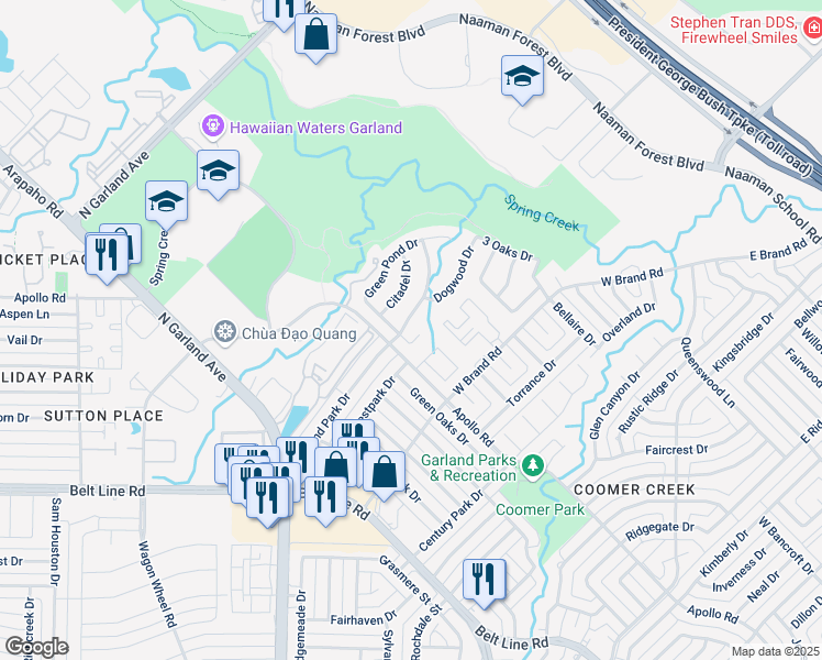map of restaurants, bars, coffee shops, grocery stores, and more near 3701 Goose Creek Parkway in Garland